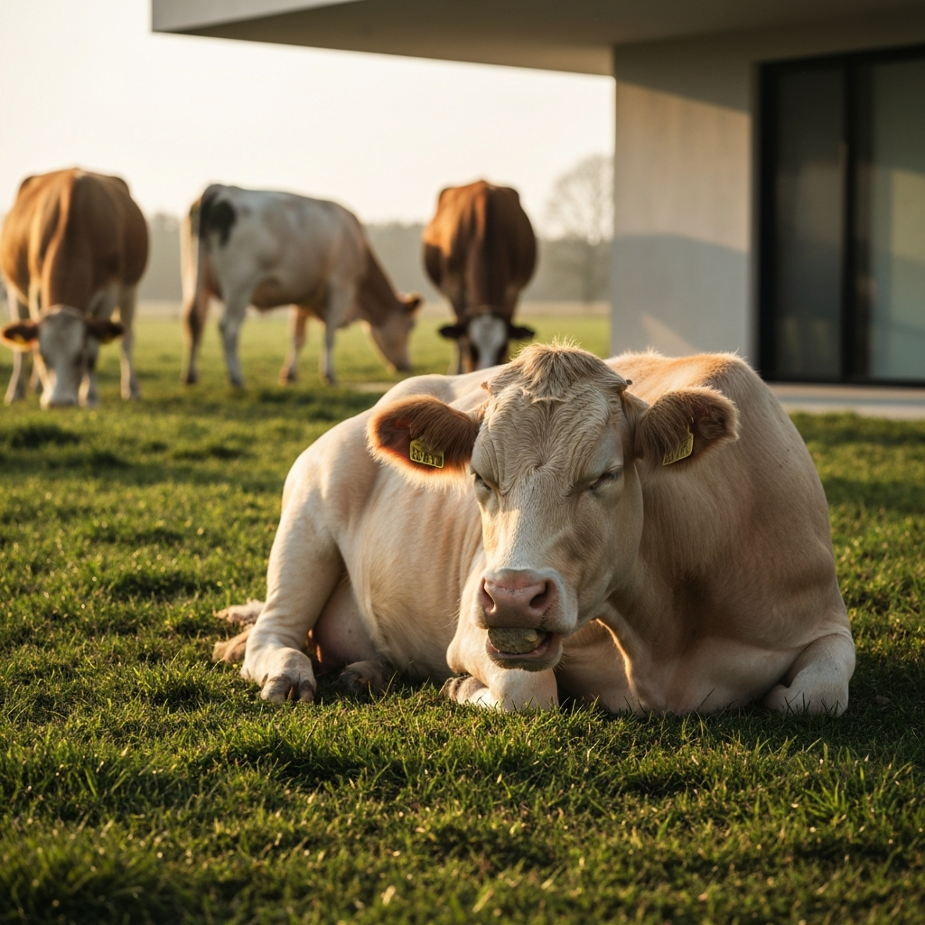 Soft golden hour light illuminates a herd of cows grazing in a pasture. One cow lies down chewing cud, its eyes half-closed. A shallow depth of field blurs the background, focusing attention on the relaxed cow.