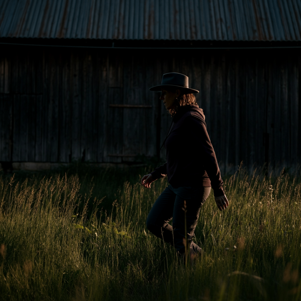 Side-lit shot of a person in dark clothing cautiously walking through tall grass towards a barn, their face partially obscured by a wide-brimmed hat. The focus is sharp on the grass textures, with a soft bokeh effect on the distant barn.