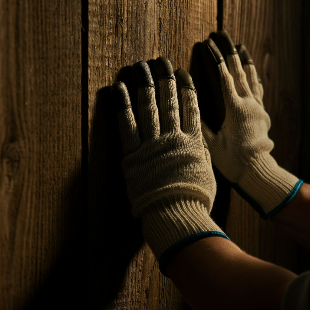 Close-up of hands, clad in work gloves, pushing against a textured wooden fence. The lighting is low and atmospheric, emphasizing the rough grain of the wood. The background is blurred.