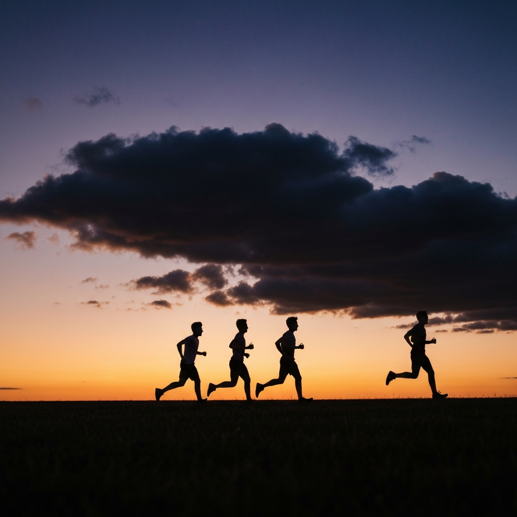 Silhouette of figures running across a field against a twilight sky. The camera is low to the ground, emphasizing the sense of movement and urgency.