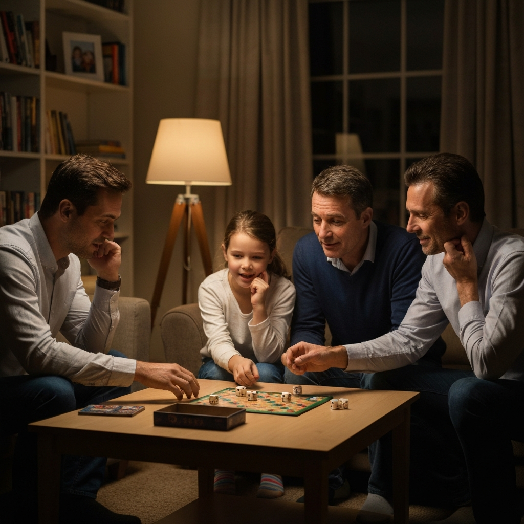 A warmly lit living room at night. A family of four is gathered around a coffee table, illuminated by a soft lamp. They are playing a board game, dice scattered, with looks of concentration and amusement on their faces. Soft bokeh in the background shows a bookshelf and a framed family photo.