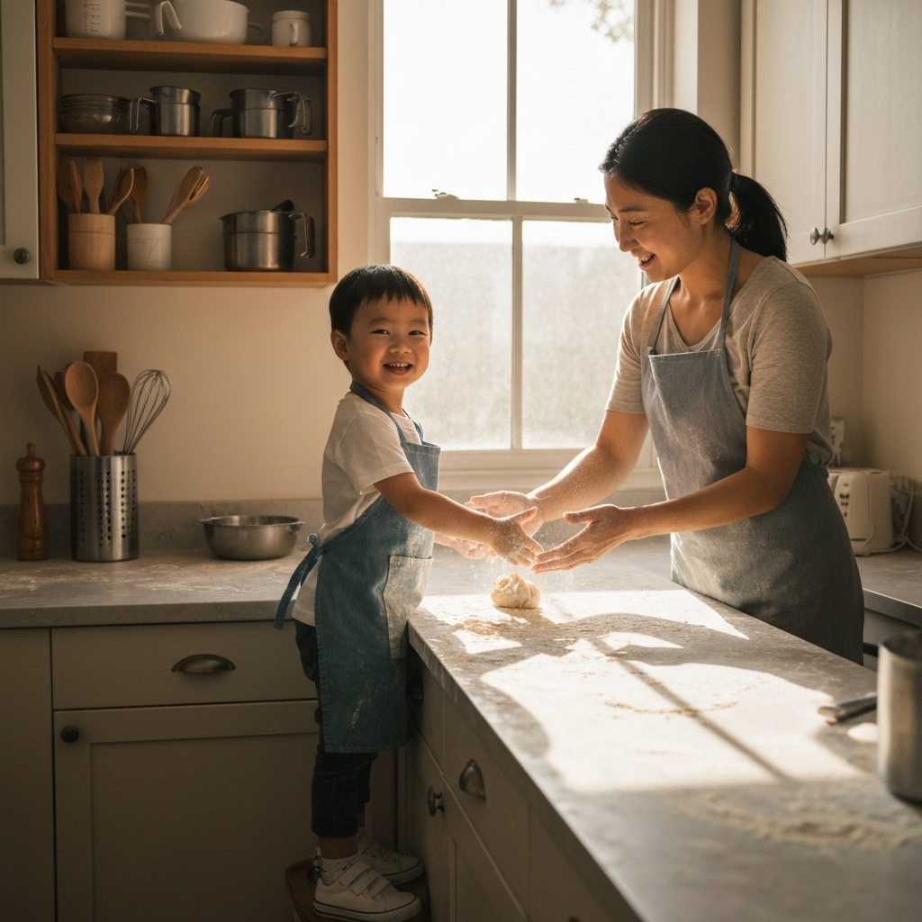 A bright and airy kitchen. A child wearing an apron stands at a counter, sprinkling flour onto dough. A parent stands beside them, guiding their hand. The window light creates a soft glow on the flour dust. Background shows neatly arranged baking utensils.