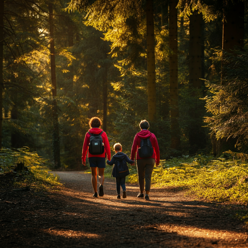 A family walks along a sun-dappled forest trail. The golden hour lighting filters through the trees, creating long shadows. They are dressed in comfortable hiking clothes, carrying backpacks. Soft focus on the distant foliage, emphasizing depth of field.