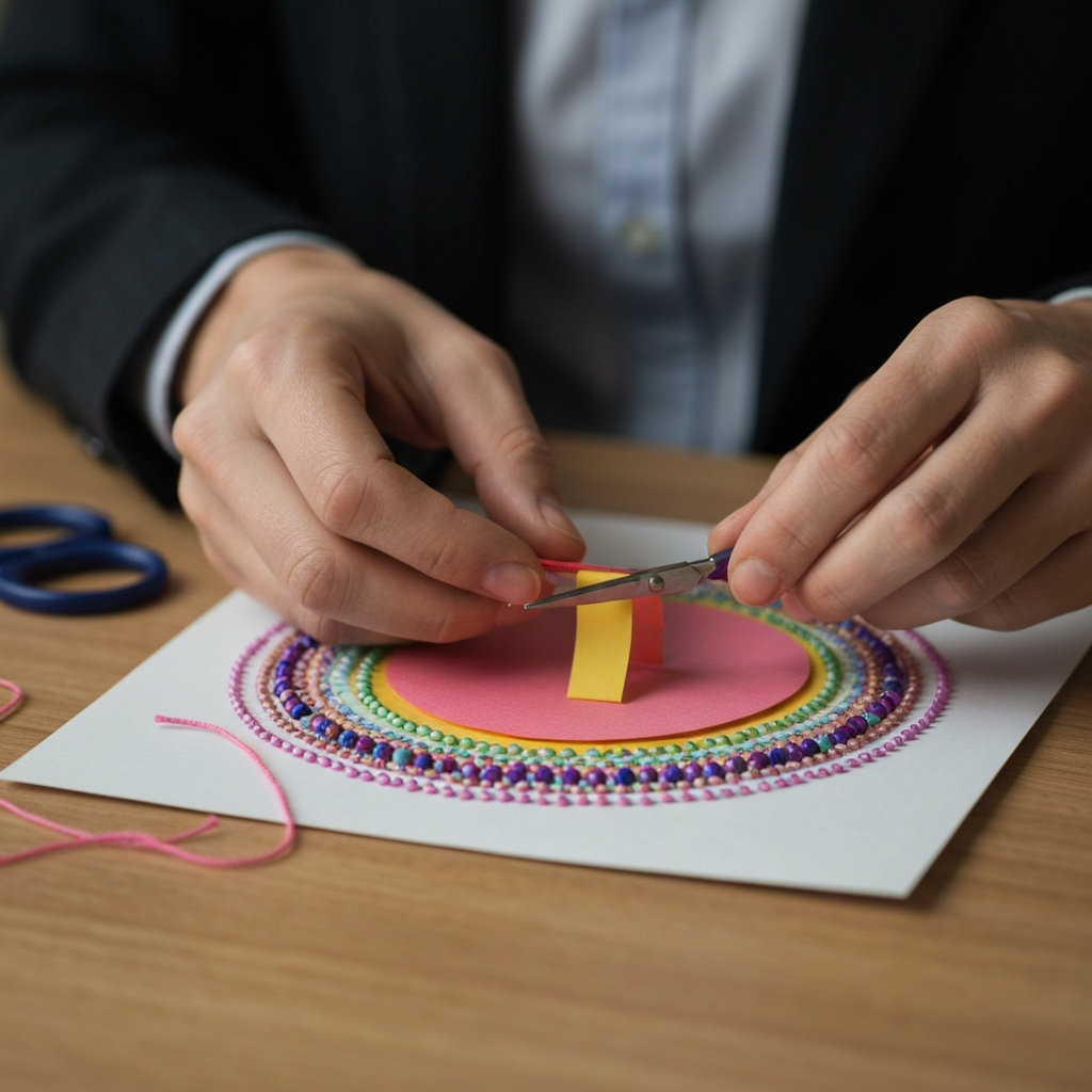 A close-up shot of hands working on a craft project. Side-lit textures of colorful paper, yarn, and beads. A small pair of scissors is visible. The background is blurred, focusing attention on the intricate details of the artwork.