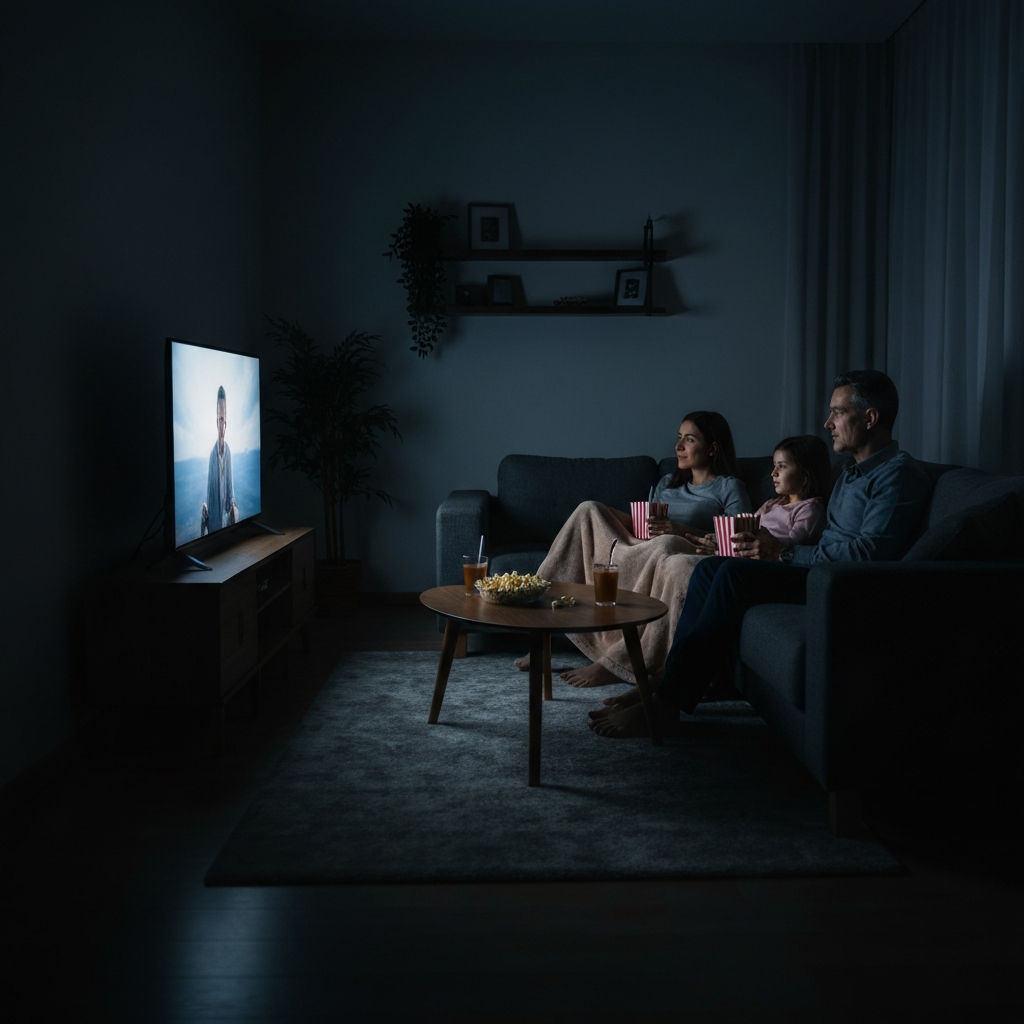 A darkened living room with the soft glow of a television screen. A family is seated on a couch, wrapped in blankets, watching a movie. Popcorn and drinks are on the coffee table. The room is lit only by the TV, creating a cozy atmosphere.