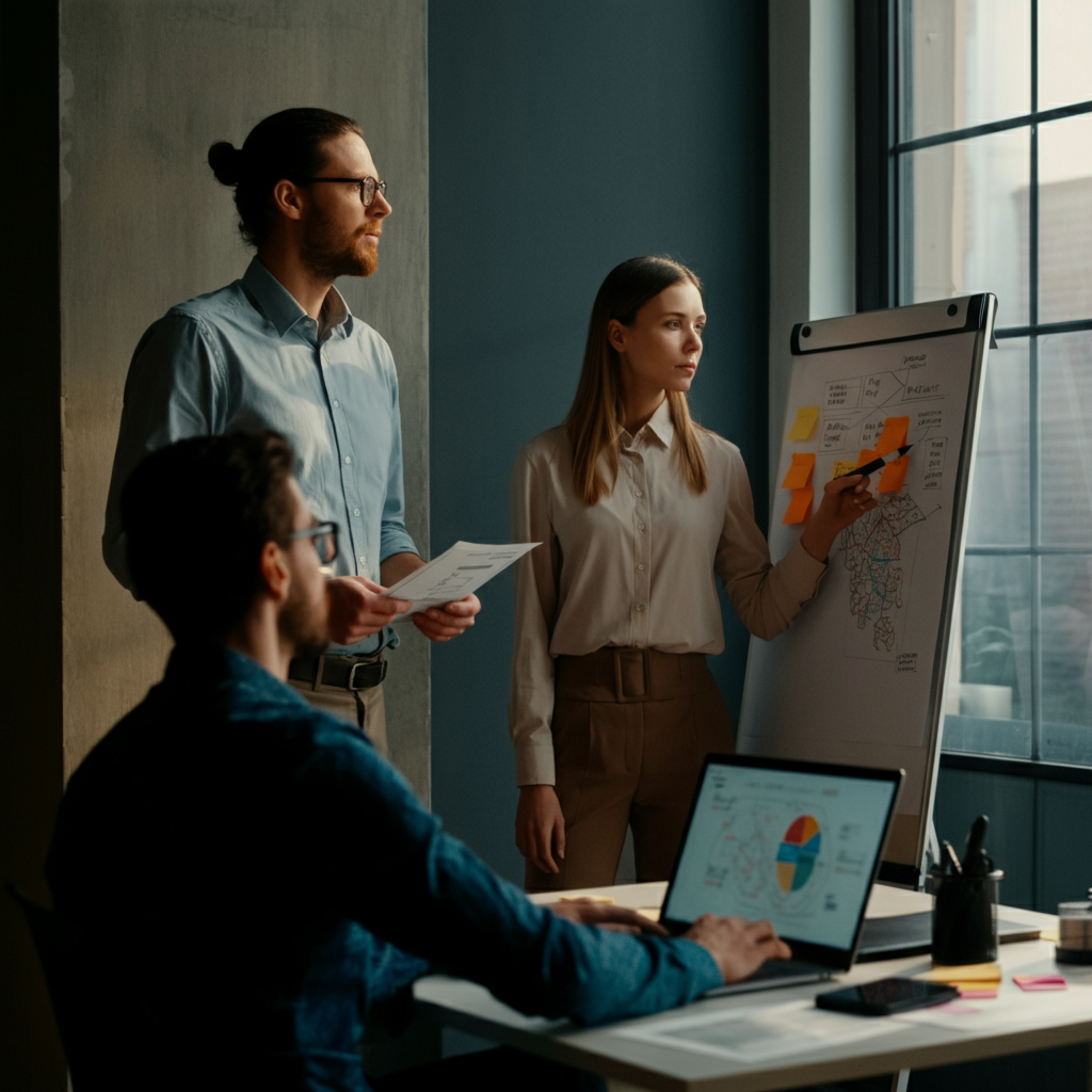 A brightly lit, modern office. A team of marketers huddles around a whiteboard covered in diagrams and notes. One team member points to a map on the board while another types on a laptop. Natural light streams through a large window.
