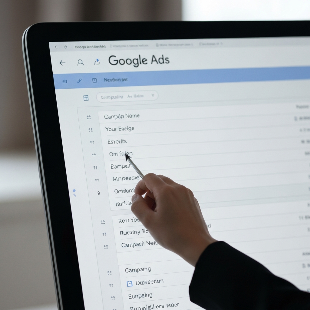 A close-up of a computer screen displaying the Google Ads interface. The cursor hovers over a campaign name in a list. The lighting is soft and diffused, minimizing glare on the screen.