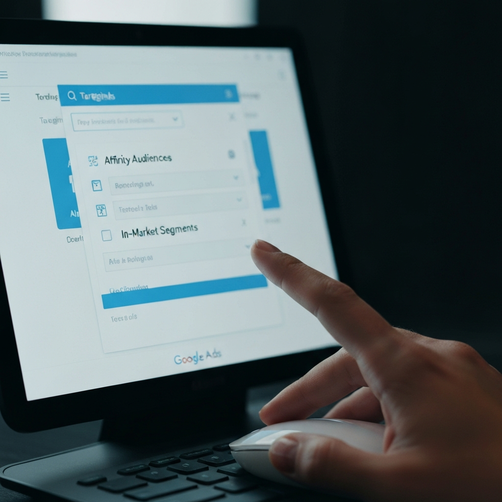 A hand hovering over a mouse, clicking on a dropdown menu in Google Ads. The menu displays various targeting options, such as "Affinity Audiences" and "In-Market Segments". The background is blurred, drawing focus to the hand and the screen.