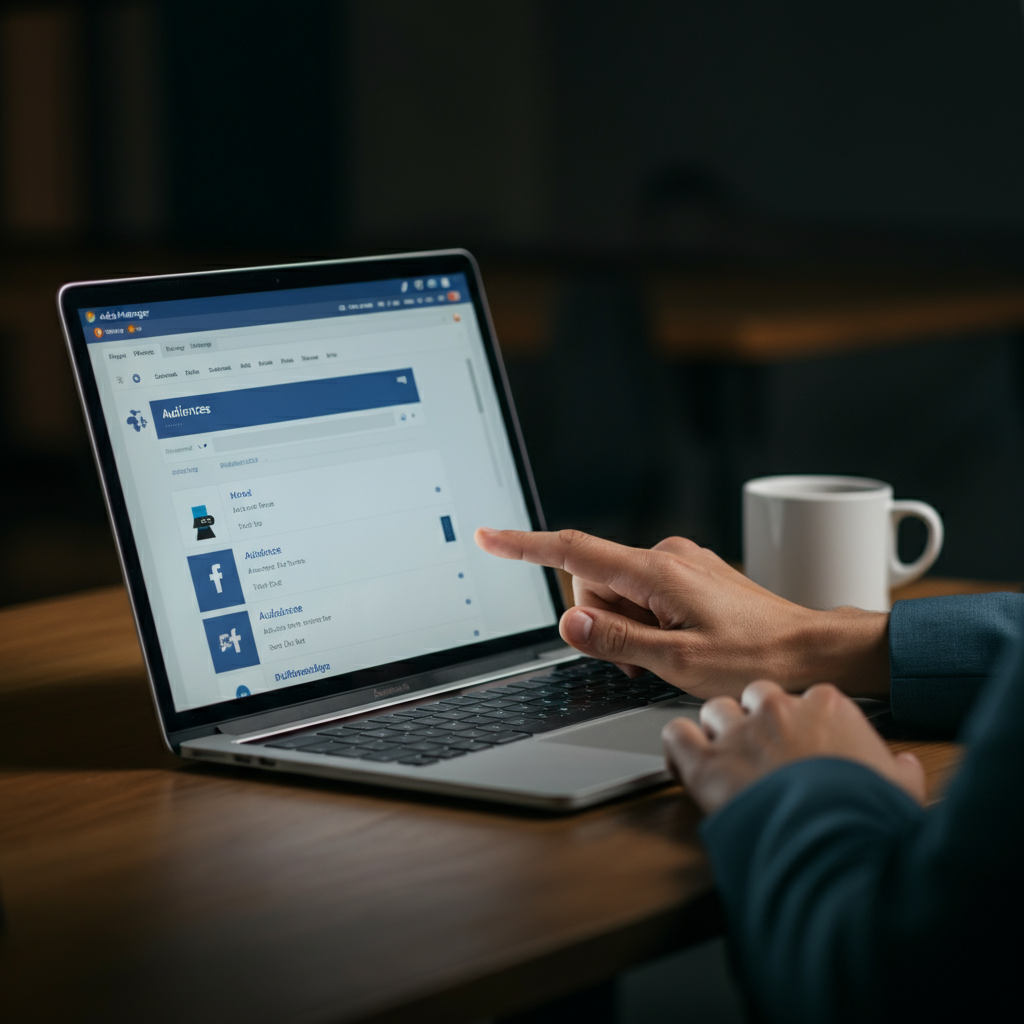 A laptop screen displaying the Facebook Ads Manager interface. The "Audiences" tab is highlighted in blue. A hand is reaching towards the screen to click on a button. The light is diffused and soft.