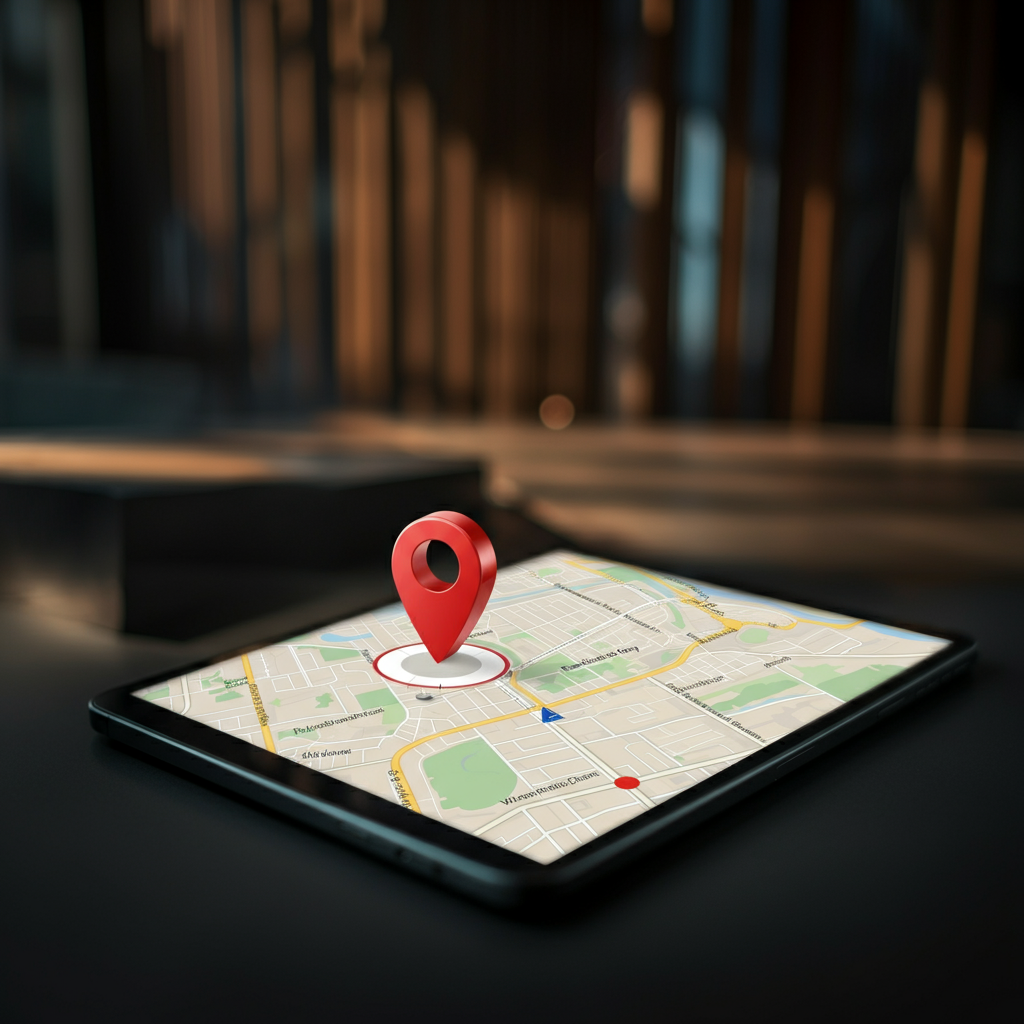 A map interface with a red pin dropped on a specific location. The map is zoomed in to show nearby buildings and streets. The scene is well-lit and professional.