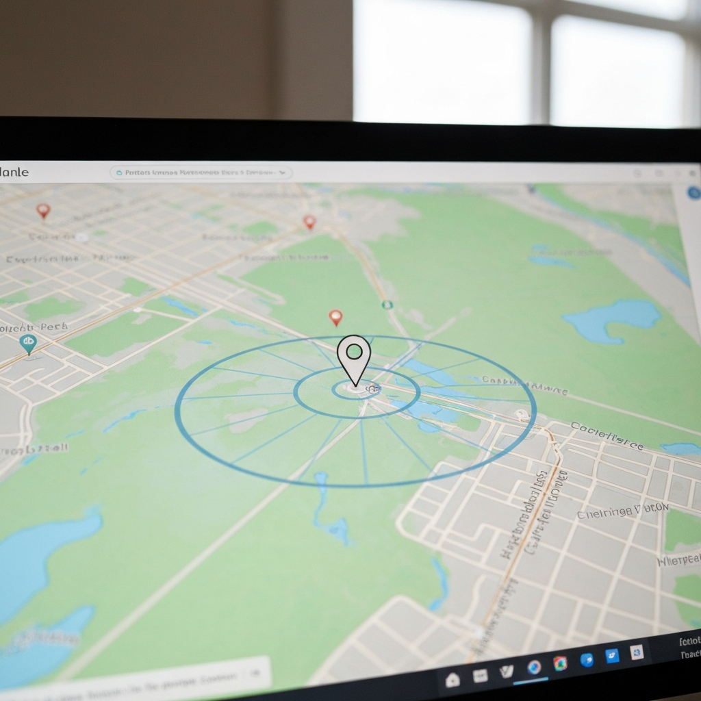 A map view on a computer screen, showing a pin marking a location and a circle radiating outward, representing the geofence radius. The circle is highlighted in a subtle color, and the background map is slightly blurred to draw attention to the geofence.