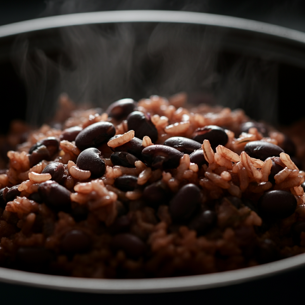 Close-up of cooked black beans and rice in the pot, with visible steam rising. Grains of rice are distinct and slightly glistening. Soft focus on the background.