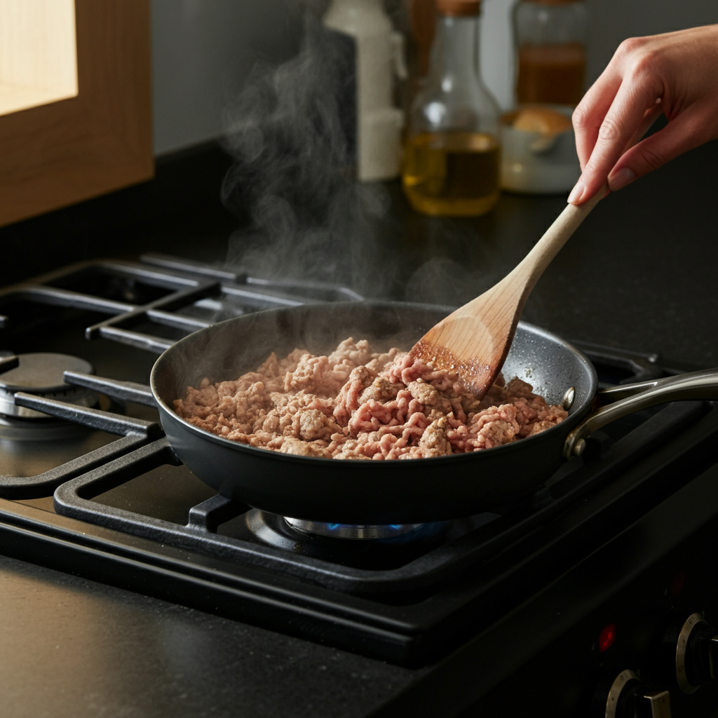 Ground turkey cooking in a non-stick skillet on a gas stovetop. The meat is browning, and steam is rising. A wooden spoon is used to break up the meat. Golden hour lighting from a nearby window.