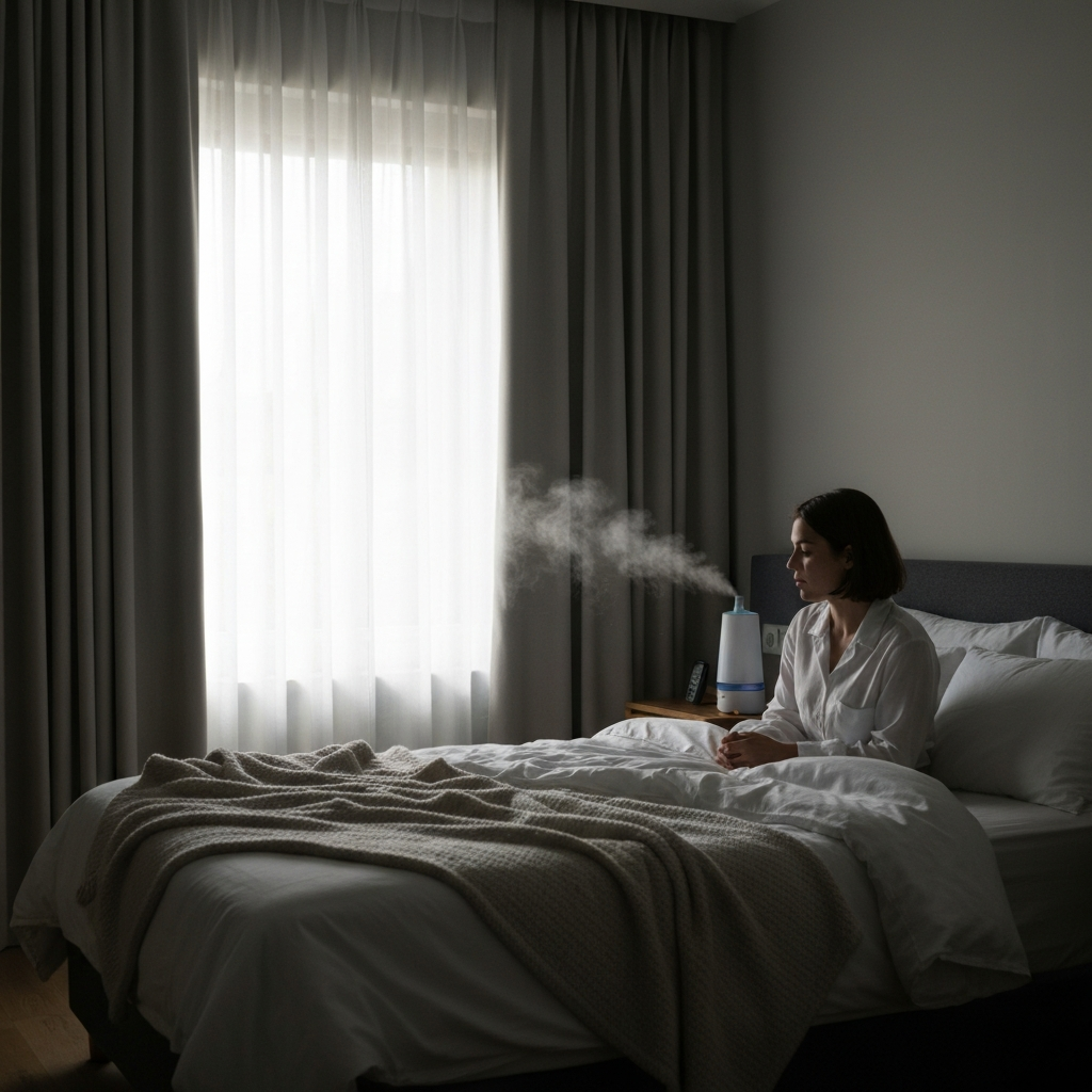 A dimly lit bedroom with thick curtains blocking out sunlight. Soft blankets are draped on a neatly made bed, and a humidifier emits a gentle mist. The scene is shot with soft, diffused lighting, emphasizing the textures of the bedding.