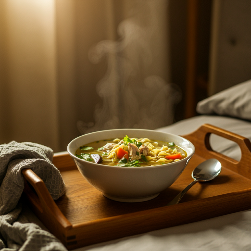 A bowl of steaming chicken noodle soup sits on a wooden tray beside a bed. The soup is brightly lit, highlighting the various vegetables and noodles within. Soft bokeh in the background creates a comforting and inviting atmosphere.