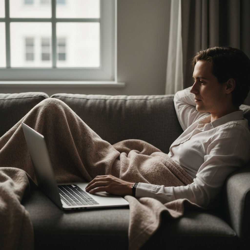 A person is curled up on a comfortable couch, covered with a soft blanket, watching a movie on a laptop. Natural light streams in from a nearby window, illuminating the person's relaxed face and the warm textures of the blanket.