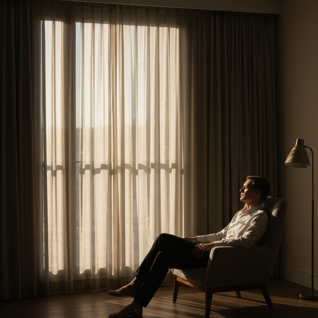 A person is sitting in a comfortable chair by a window, basking in the warm sunlight. The light is soft and golden, illuminating the dust particles in the air and highlighting the textures of the curtains and the person's clothing. The scene is peaceful and serene.