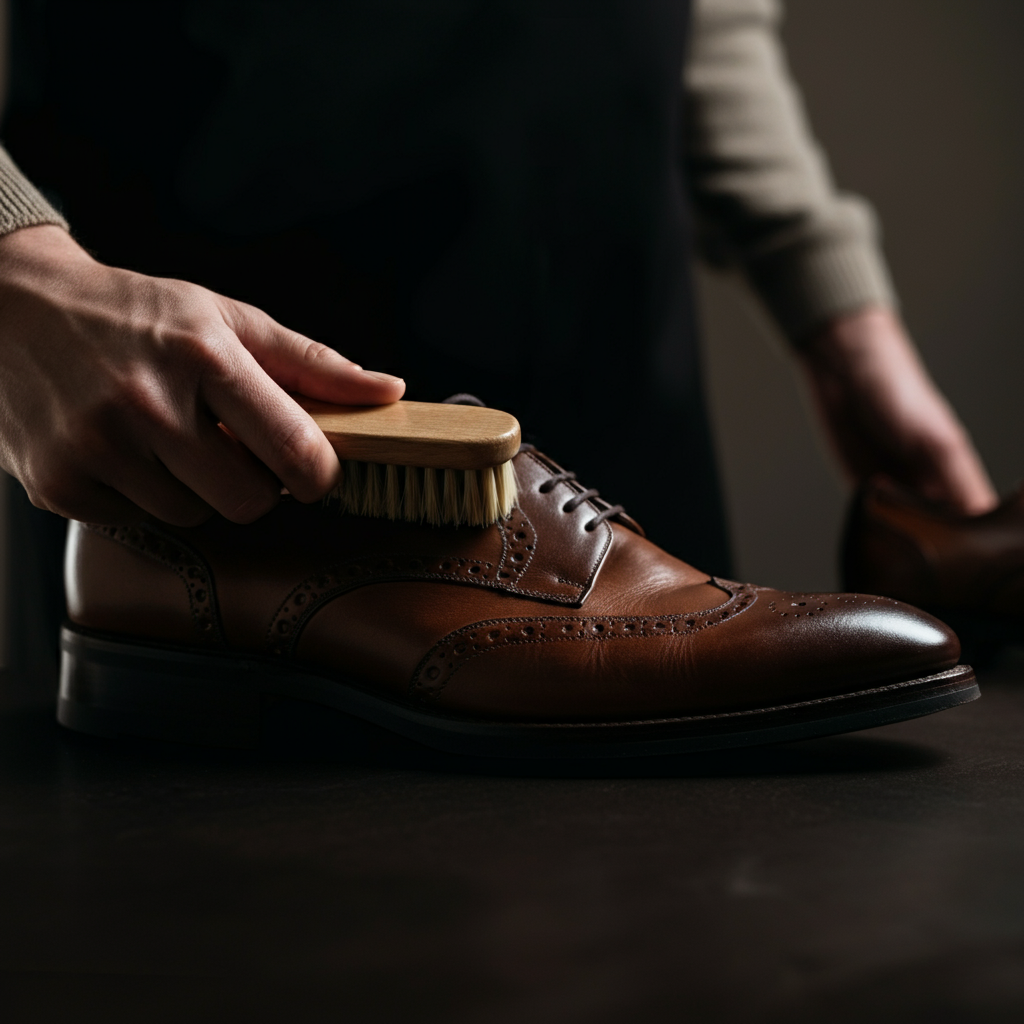 Close-up of a hand gently brushing dirt off a brown leather shoe with a soft brush. Soft, diffused light highlights the texture of the leather.