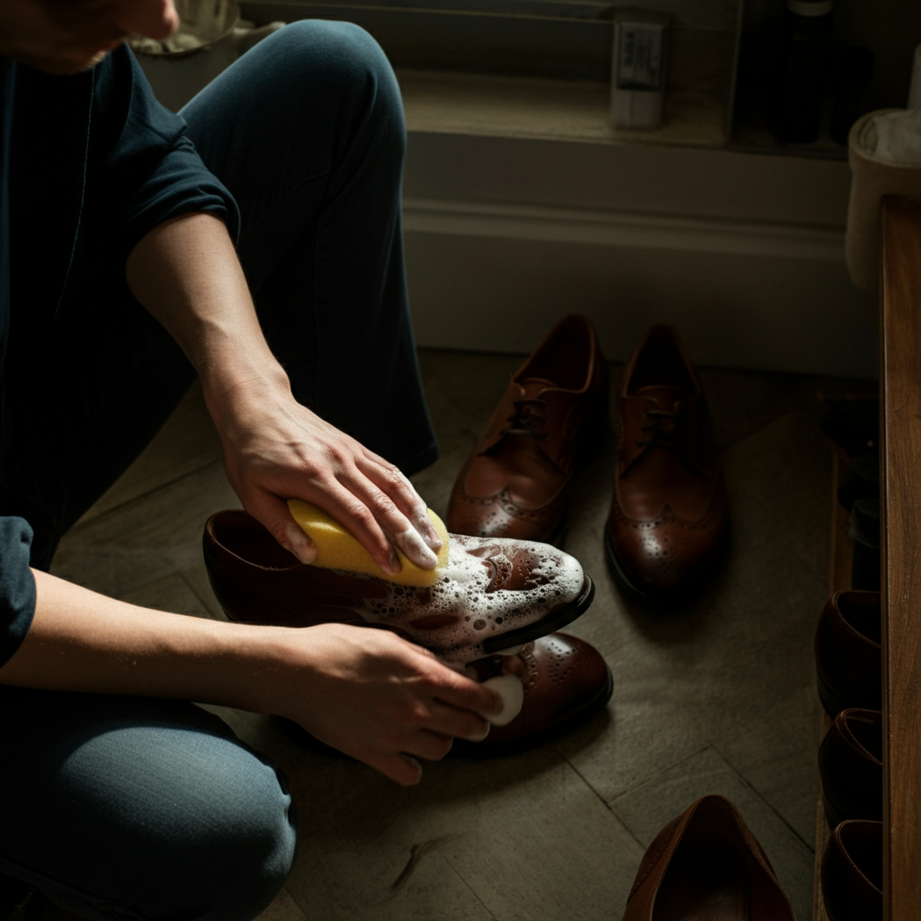 Overhead shot of a person applying saddle soap to a leather shoe with a circular motion using a sponge. Natural light streams in from a nearby window.