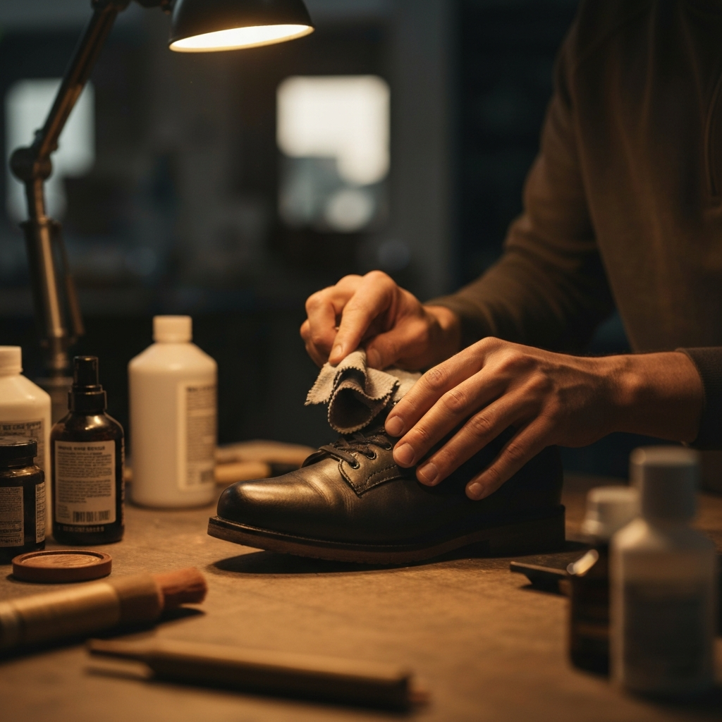 A person's hands applying mink oil to a leather shoe with a soft cloth. The shoe is resting on a workbench, with various leather care products visible in the background. Warm, ambient lighting.
