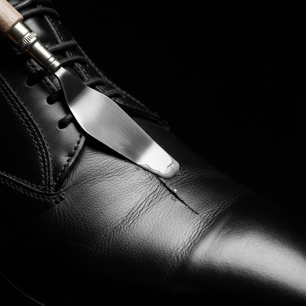 Close-up of a palette knife applying leather filler to a crack in a leather shoe. Focused lighting on the area being filled, showcasing the texture of the filler and the leather.