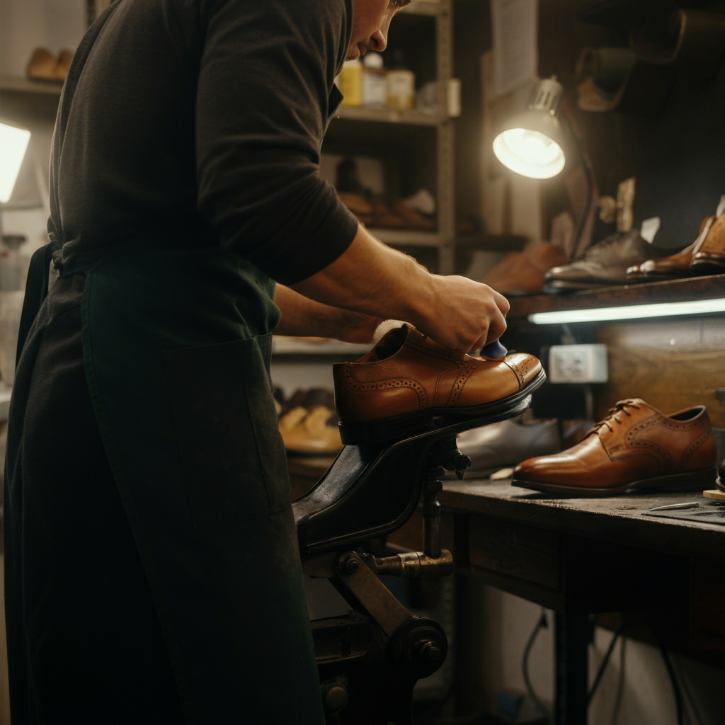 A person applying shoe cream to a leather shoe with a shoe dauber. The surrounding environment is a well-lit shoe repair shop.