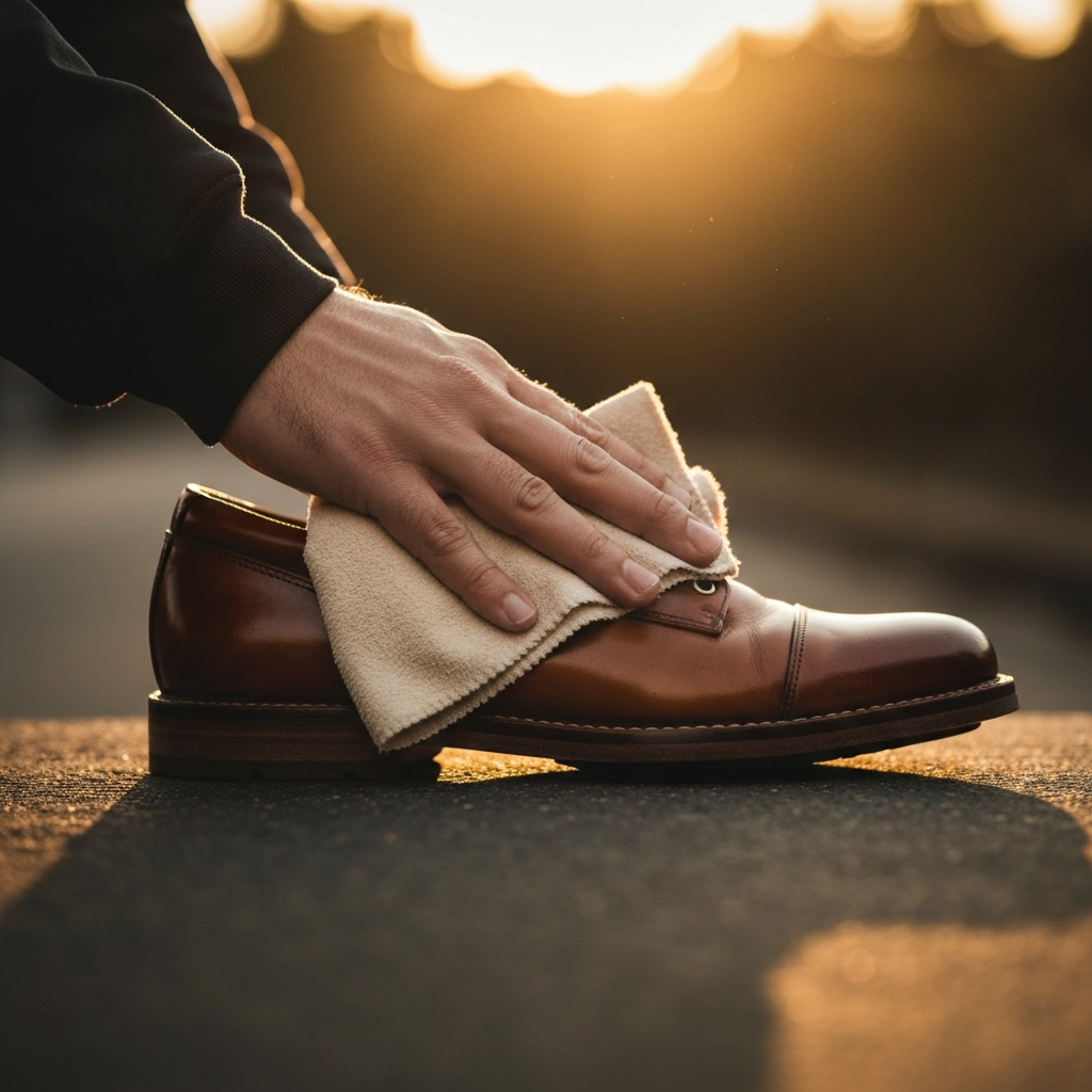 Close-up of a hand buffing a newly conditioned leather shoe with a soft cloth. Golden hour lighting emphasizes the richness and luster of the leather.