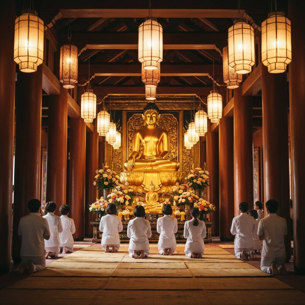 A brightly lit temple interior, people dressed in white, kneeling respectfully before a golden Buddha statue adorned with flowers. Soft bokeh from hanging lanterns adds depth. The lighting is warm and inviting.