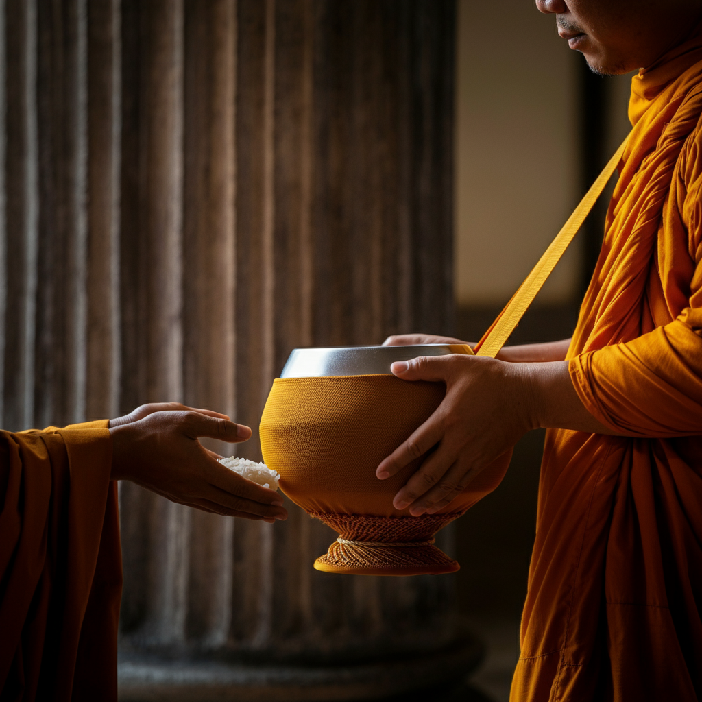 Close-up of hands offering a bowl of rice to a patiently waiting monk in saffron robes. The lighting is soft and natural, highlighting the texture of the rice and the fabric of the robe.