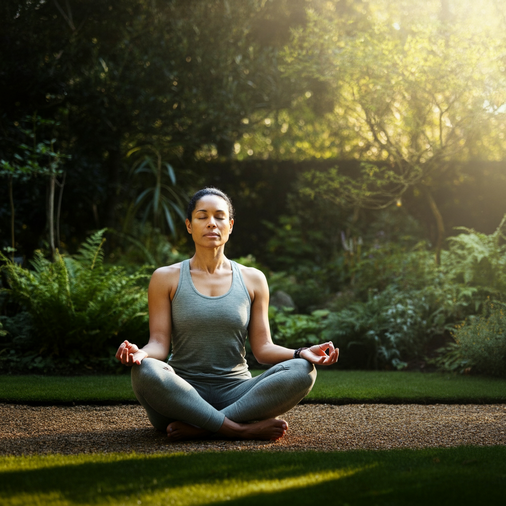 A person sitting in a meditative posture in a serene garden, surrounded by lush greenery. Soft, diffused sunlight filters through the trees, creating a peaceful atmosphere. The person is wearing simple, comfortable clothing.