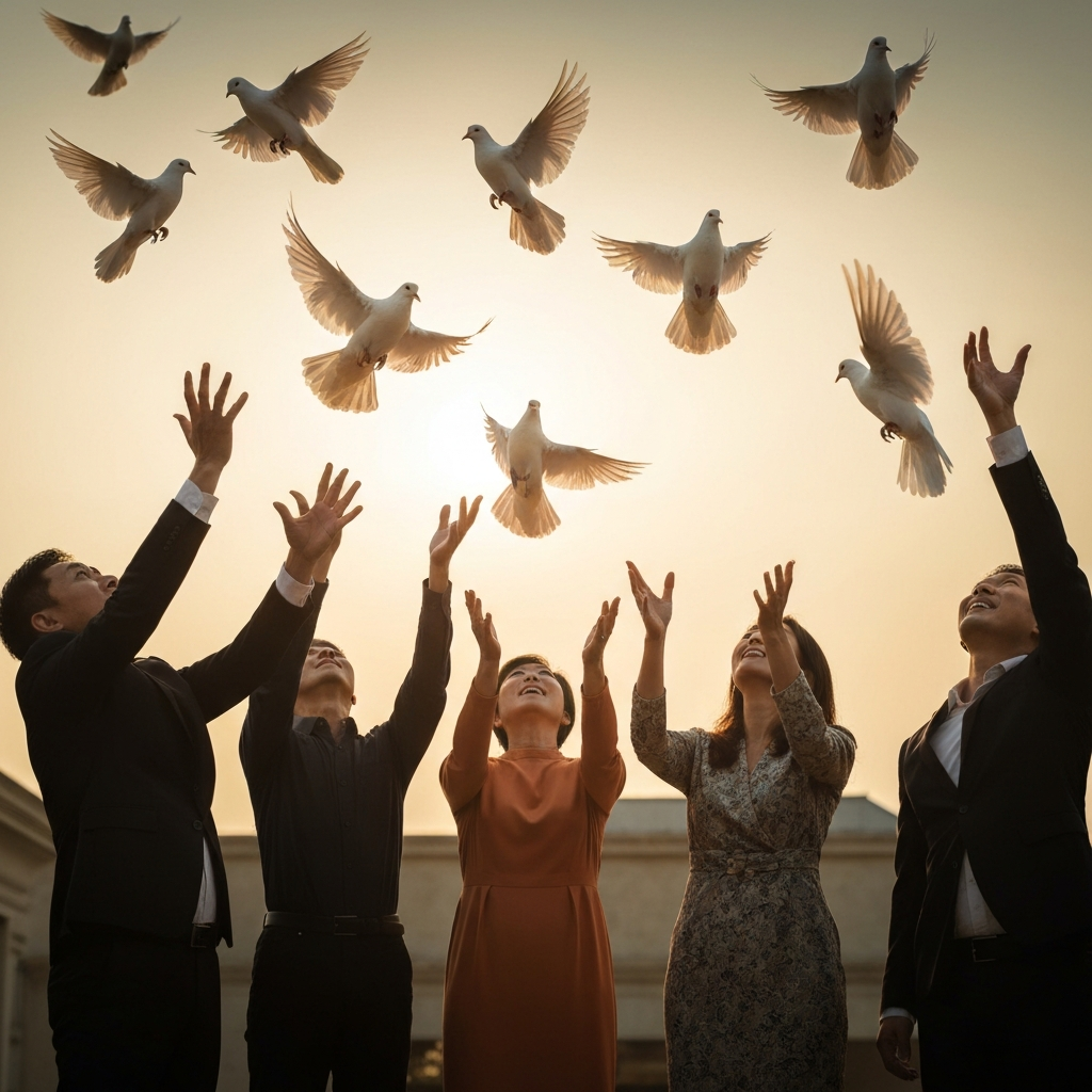A group of people releasing doves into the sky during a Vesak celebration. Golden hour lighting illuminates the scene, highlighting the texture of the feathers and the joyous expressions on their faces.