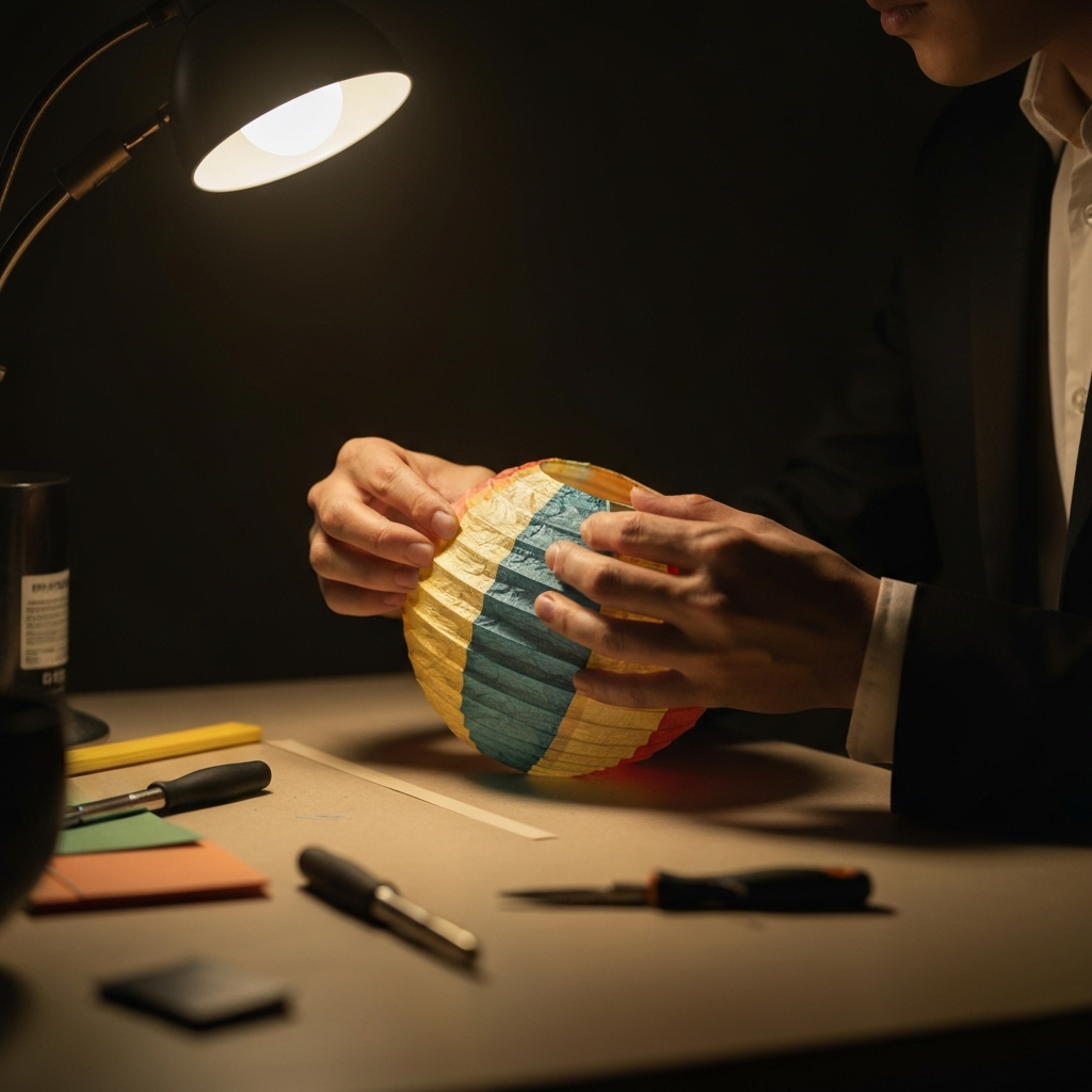 A close-up of hands carefully assembling a colorful paper lantern, with various tools and materials scattered around the workspace. Soft, warm lighting highlights the texture of the paper and the precision of the craft.