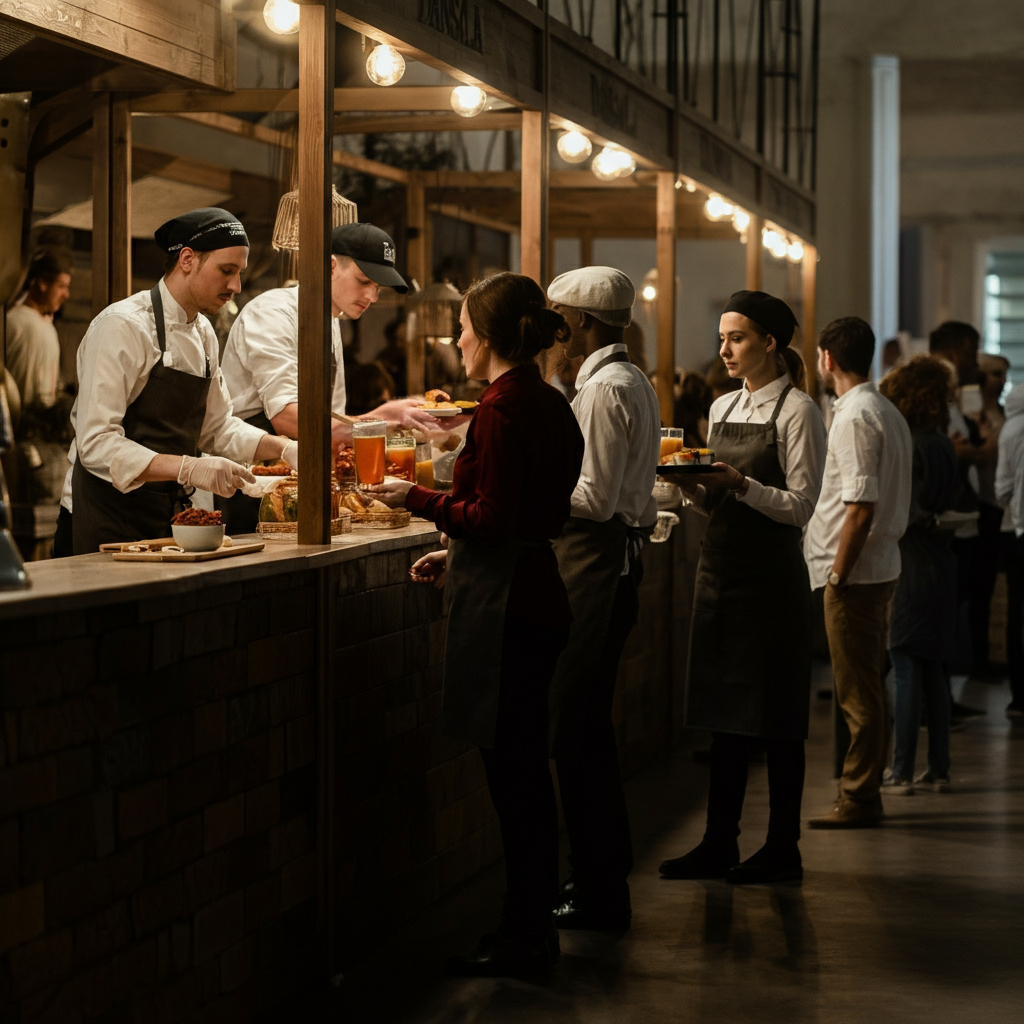 A bustling Dansala stall with people serving food and drinks to a long queue of individuals. The lighting is bright and cheerful, capturing the energy and enthusiasm of the event. Everyone is fully and modestly clothed.
