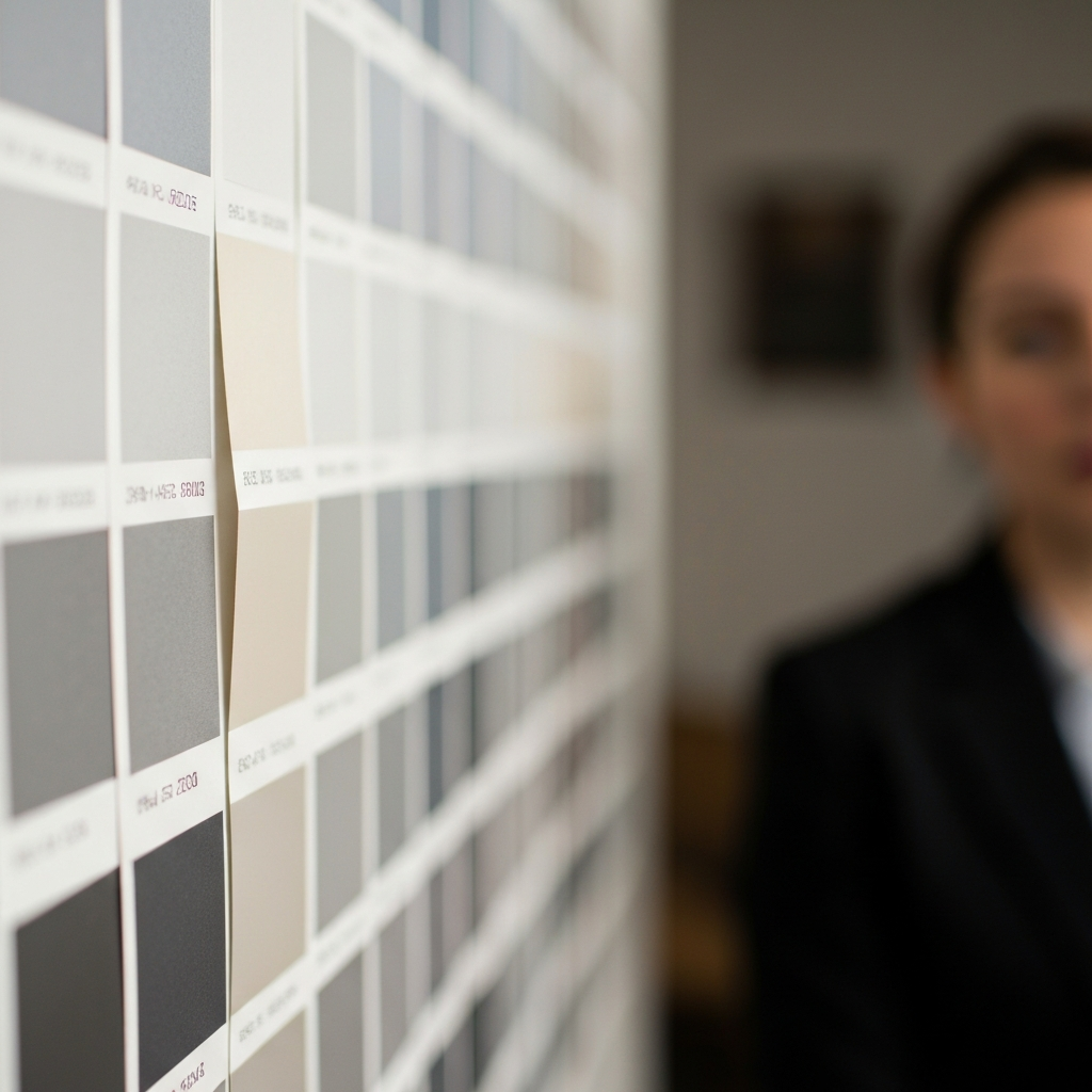 A close-up shot of paint swatches on a neutral-toned wall, side-lit to reveal the subtle differences in texture and sheen. Soft bokeh in the background suggests a well-lit interior.