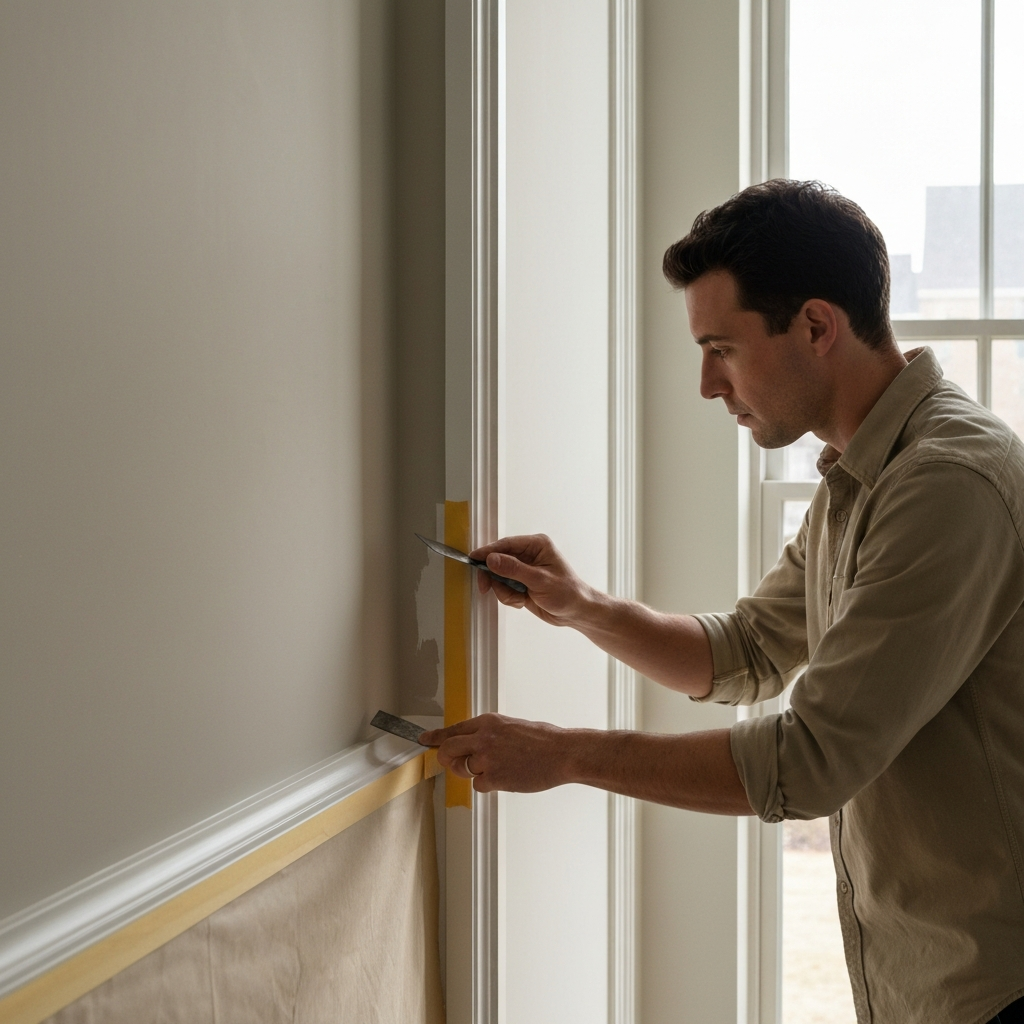 A medium shot of a person meticulously applying painter's tape along a white trim, using a putty knife to ensure a clean, straight line. The room is partially covered with canvas drop cloths, illuminated by natural daylight from a nearby window.