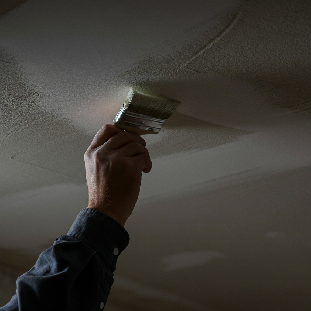 A close-up shot of a hand skillfully cutting in along a ceiling line with an angled brush, focusing on the precision and control of the brushstrokes. Soft, diffused lighting minimizes shadows and highlights the clean edge.