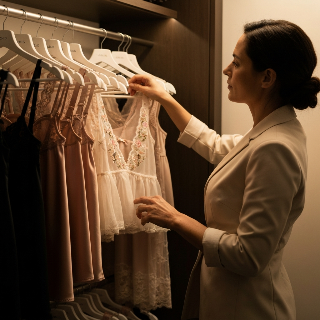 A well-lit lingerie store. A woman browsing a selection of carefully arranged items on hangers. The lighting is warm and inviting, with soft shadows highlighting the textures of the lace and silk. Focus is on a delicate babydoll top with intricate embroidery.