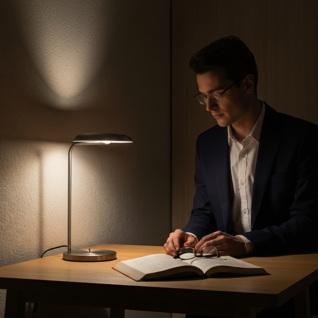 A dimly lit bedroom at night. A bedside table lamp casts a soft glow on a textured wall. Focus on the warm light reflecting off the smooth surface of a wooden table. There is a book open on the table, with a pair of reading glasses resting on top.