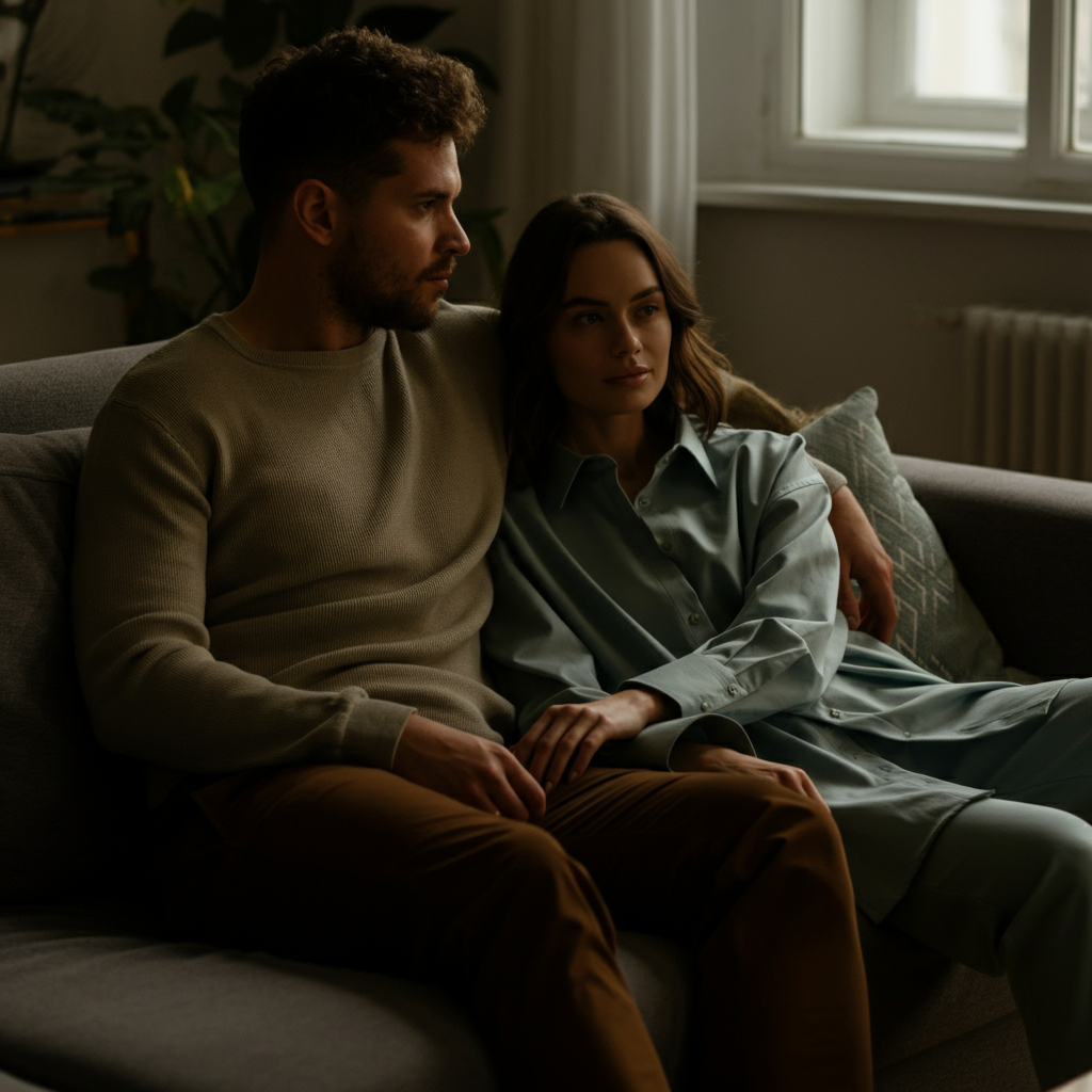A couple sitting on a sofa, bathed in soft, natural light from a nearby window. The woman is wearing an oversized, button-down shirt. The man has his arm around her. The focus is on the comfortable, relaxed atmosphere of the scene.