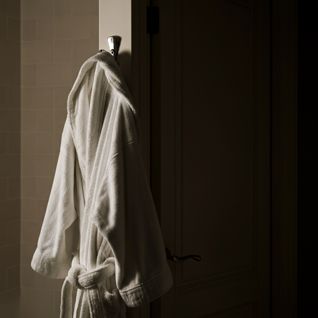A bathroom with soft, diffused light. A plush white robe hangs on a hook behind the door. The focus is on the texture of the robe and the clean, minimalist aesthetic of the bathroom.