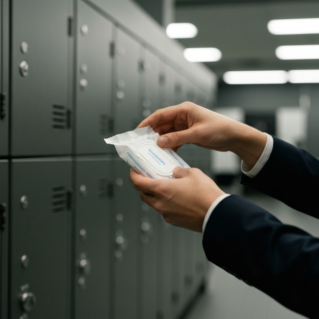 A close-up of a hand reaching for a pack of individually wrapped cleansing wipes. The background is a clean, modern gym locker room, slightly out of focus. The lighting is bright and sterile.