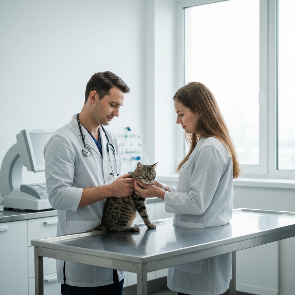 A veterinarian in a clean, bright examination room, gently examining a cat on a stainless steel table. Soft bokeh effect on the background equipment.