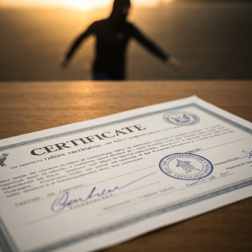A close-up shot of a rabies vaccination certificate, with the veterinarian's signature and stamp clearly visible. The certificate is lying on a wooden table with a blurred background.