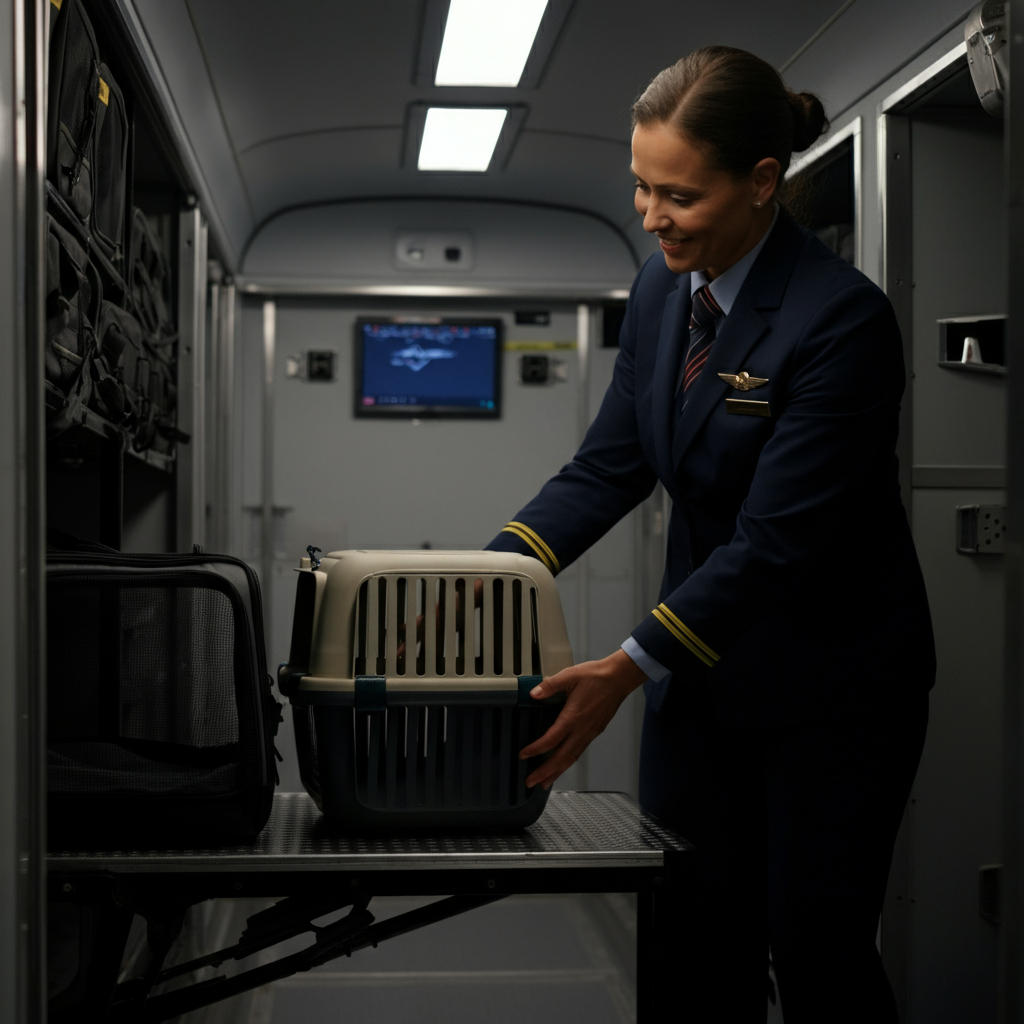 An airline employee in uniform, smiling and gently placing a pet carrier in a designated area of the cargo hold. The area is well-lit and organized.