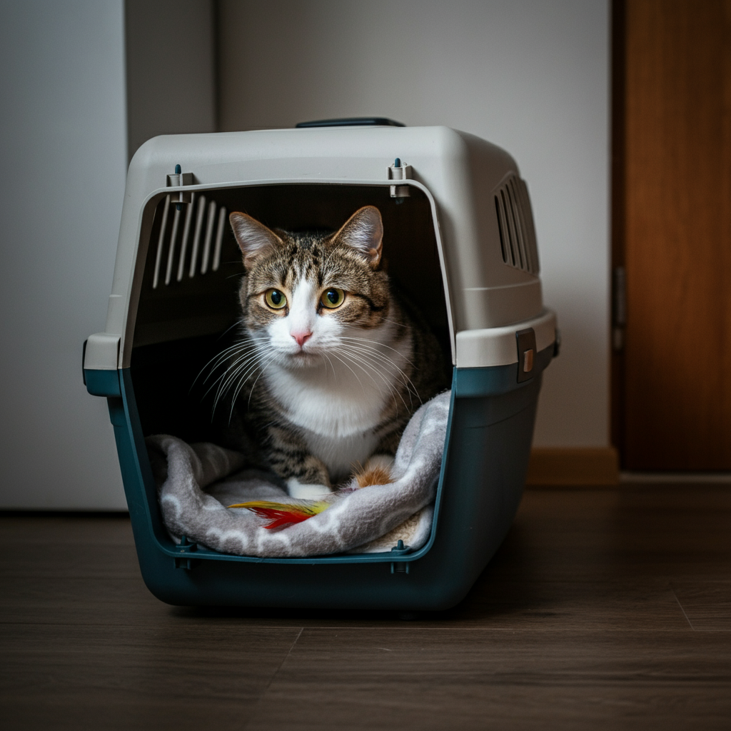 A cat calmly sitting inside a well-ventilated pet carrier, with a soft blanket and a favorite toy. The carrier is in a bright, comfortable room.