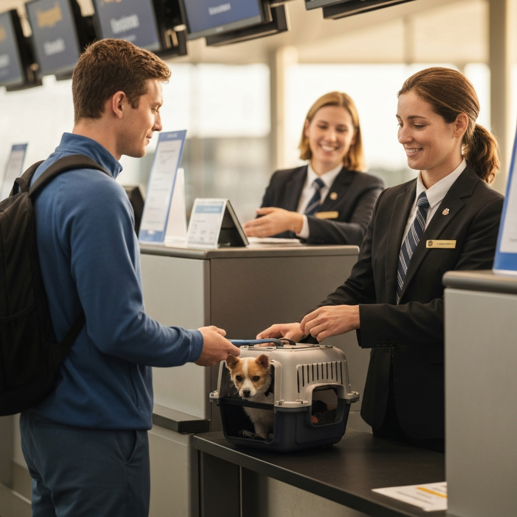 A traveler at the airport check-in counter, calmly informing the airline agent about their pet in a carrier. The agent is smiling and providing assistance.