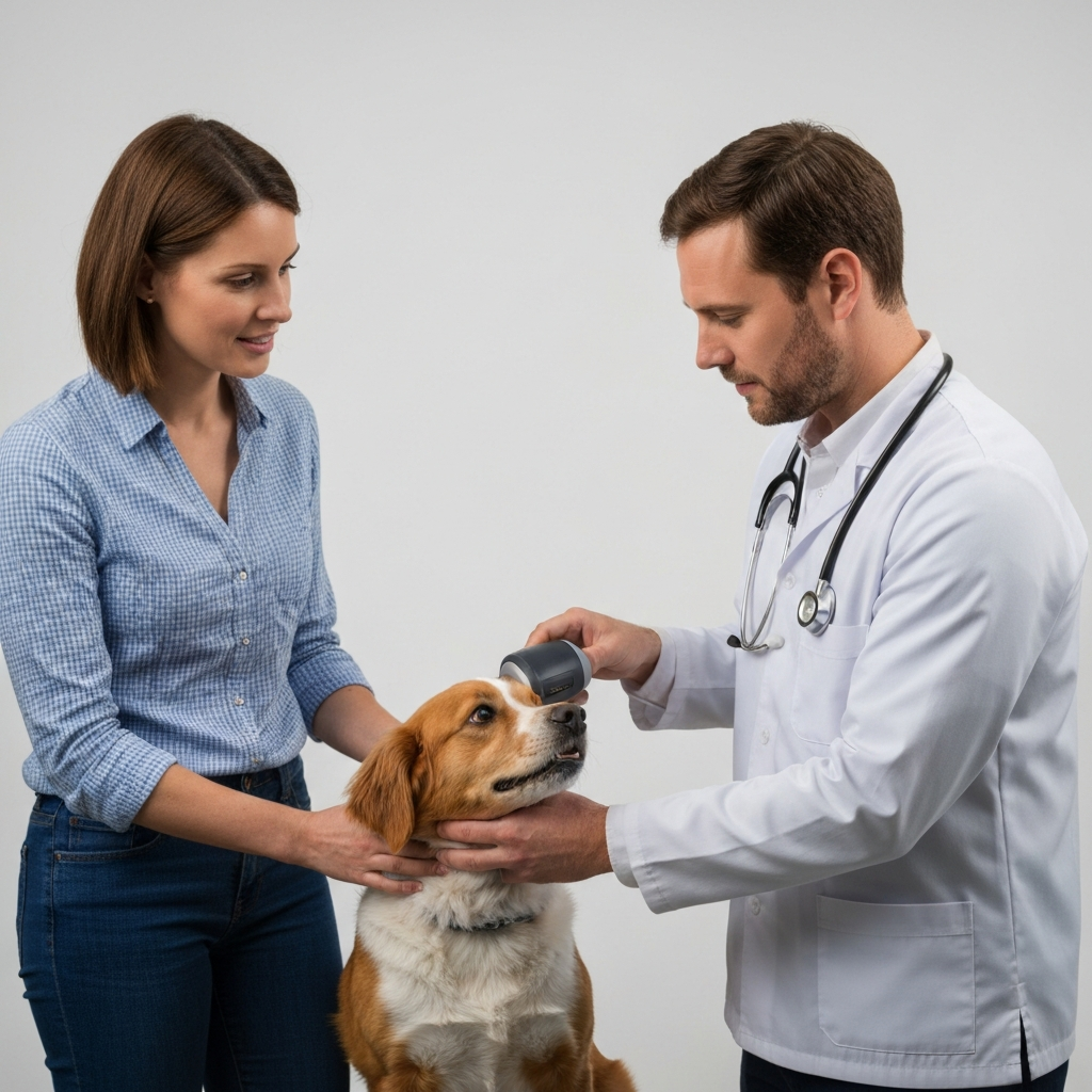 A veterinarian using a microchip scanner on a dog, with the owner looking on attentively. The lighting is professional and highlights the veterinarian's expertise.