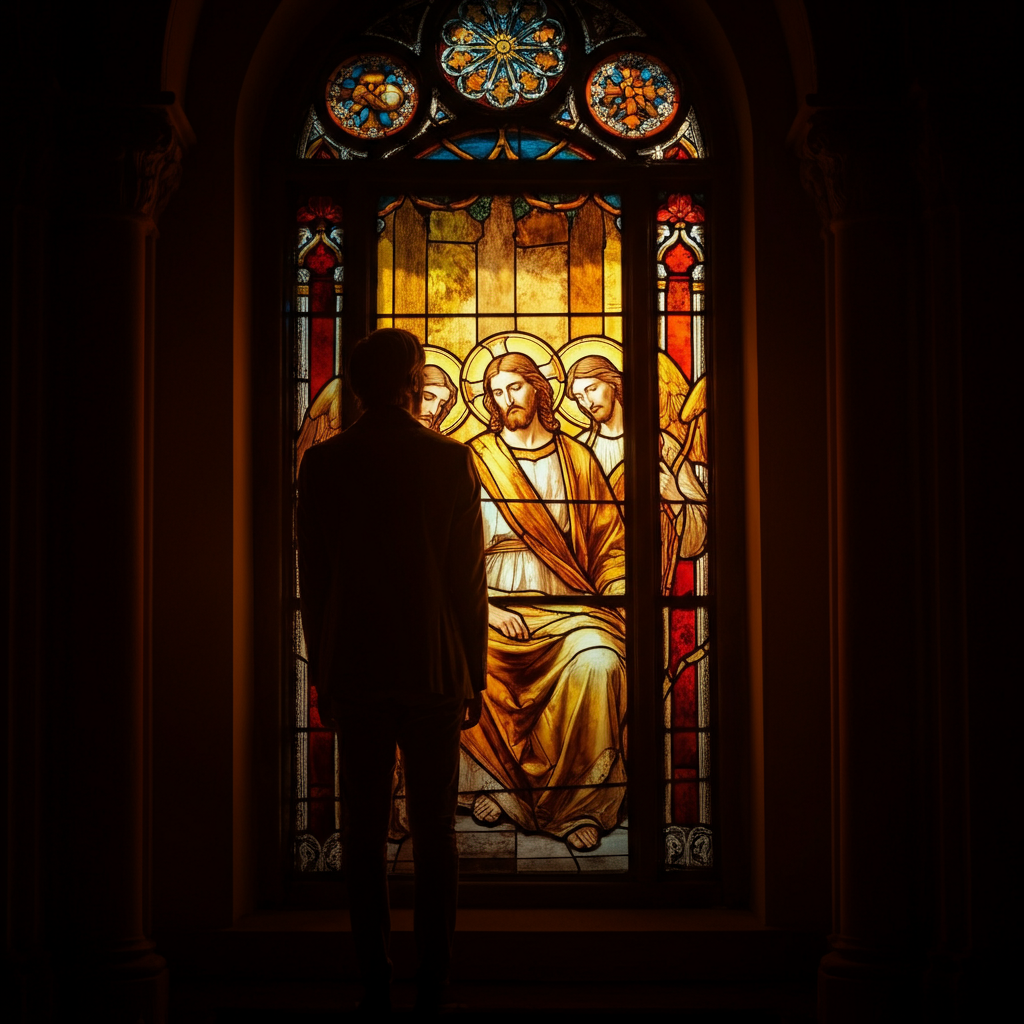 A stained-glass window depicting the Holy Trinity, bathed in warm, diffused sunlight. The colors are rich and vibrant, with a soft bokeh in the background, highlighting the central figures.