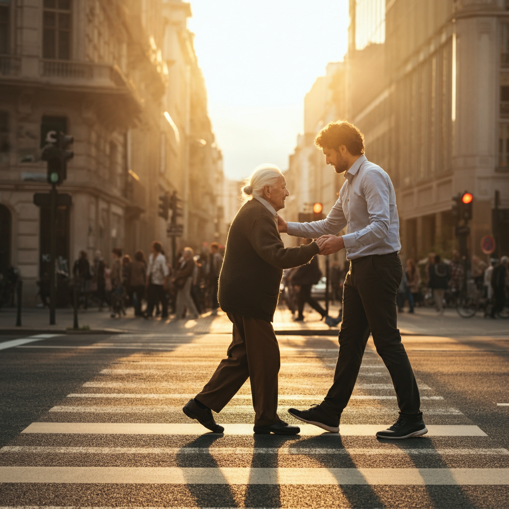 A person assisting an elderly individual cross a busy street. Soft, golden hour lighting illuminates their faces, highlighting their expressions of kindness and gratitude. The background is slightly blurred to draw focus to the interaction.