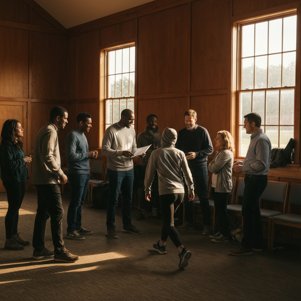 A diverse group of people gathered in a church hall, engaged in lively discussion after a service. The room is well-lit with natural light streaming through the windows, creating a warm and inviting atmosphere. Textures of wood and fabric add visual interest.